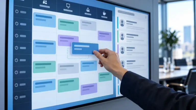 An organiser dragging a session on a touchscreen conference programme schedule