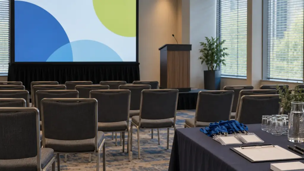 Empty breakout room set up for a session, with a lectern, screen and speaker lanyards on a side table