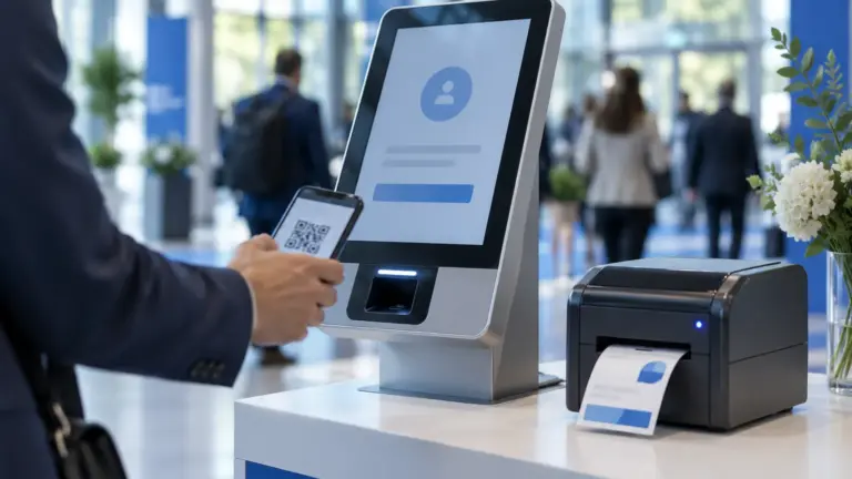 Self-service check-in kiosk and badge printer at a venue entrance