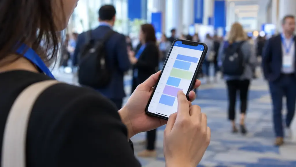 Attendee checking an event schedule app in a conference corridor