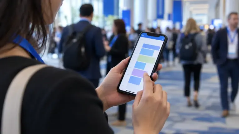 Attendee checking an event schedule app in a conference corridor
