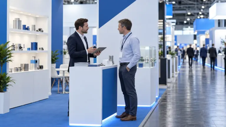 An exhibitor with a tablet talking to a visitor at a trade show stand