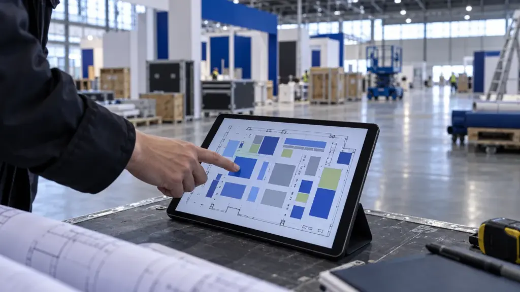 Planner pointing at an exhibition floor plan on a tablet during build-up