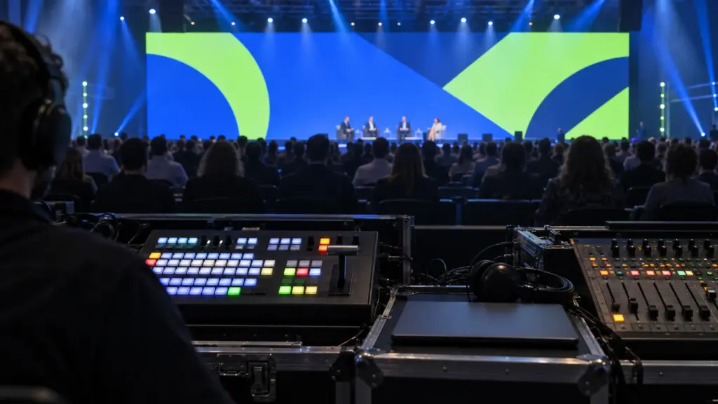 Front-of-house production desk with a video switcher and audio faders, facing a conference stage and LED wall