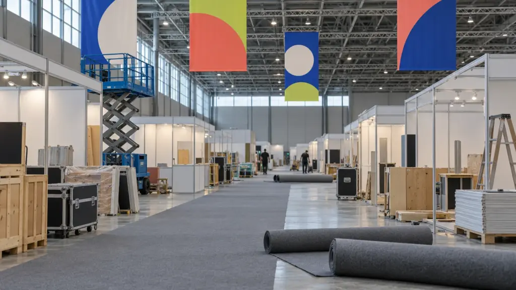 Exhibition hall during build-up, with shell-scheme stands, a scissor lift and carpet rolls