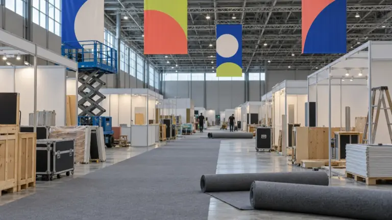 Exhibition hall during build-up, with shell-scheme stands, a scissor lift and carpet rolls