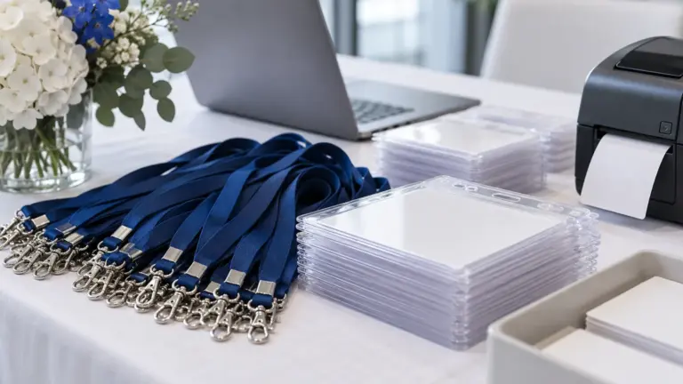 Blank lanyards and badge holders on a registration table