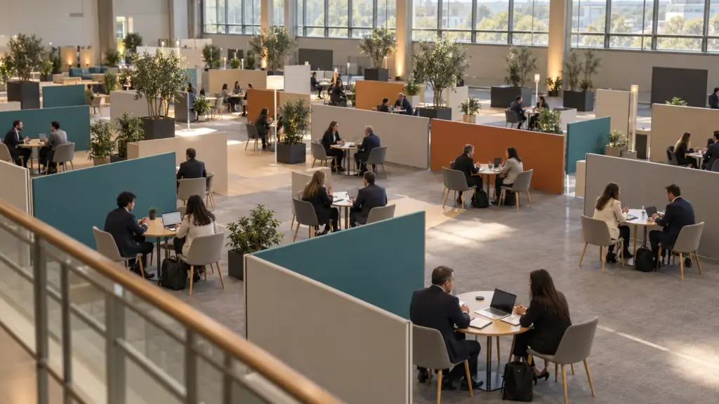 Hosted-buyer meeting area at a trade show, with pairs of delegates at small tables between low partitions