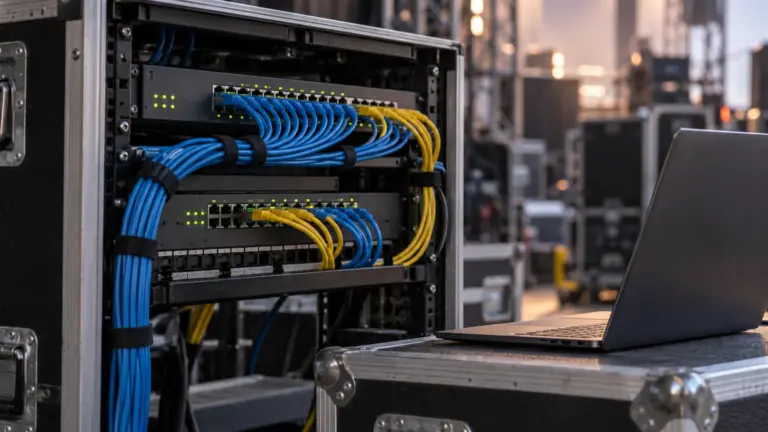 Temporary event network rack with switches and bundled patch cables backstage