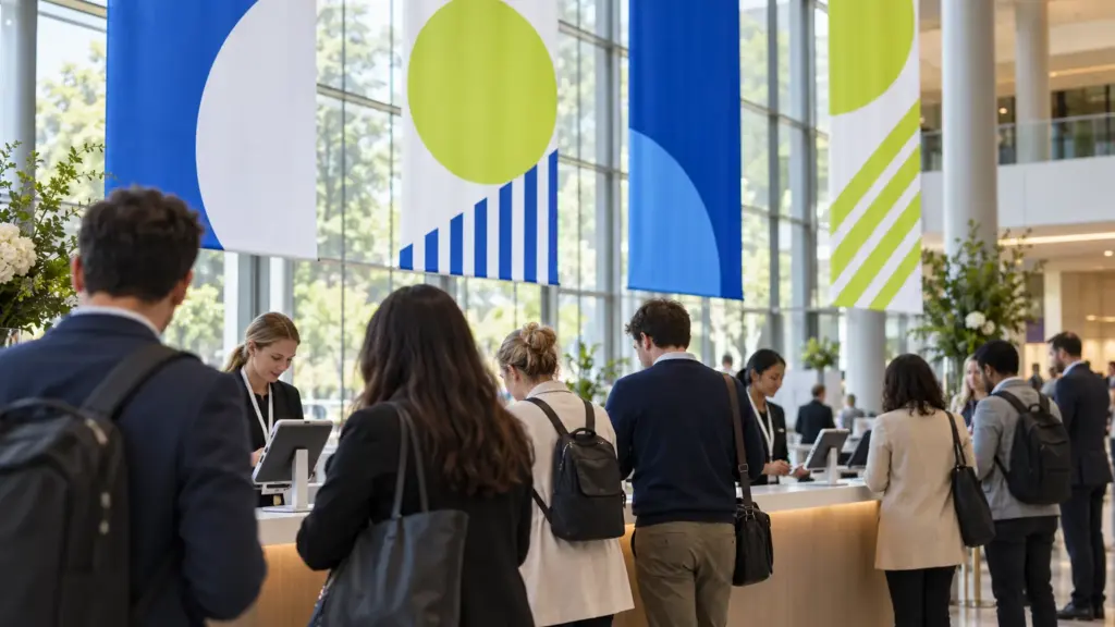 Attendees queueing at a conference registration desk under hanging graphic banners