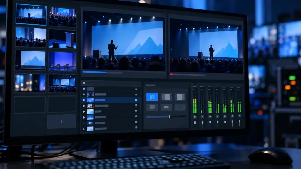 Live-streaming production software on a monitor, with scene thumbnails, preview and programme views and audio meters