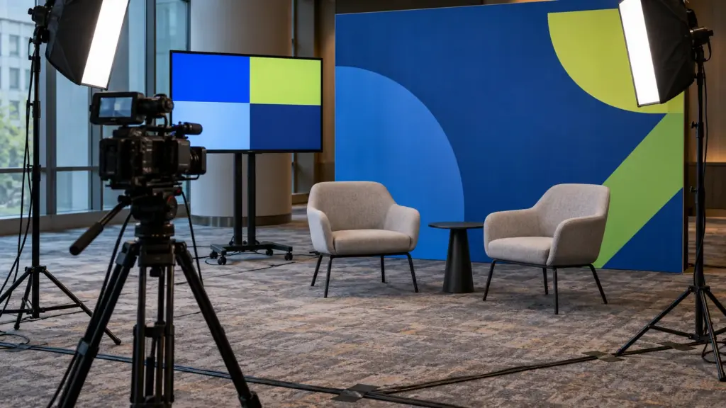 Compact broadcast set inside a venue, with a camera on a tripod, softbox lights and two chairs