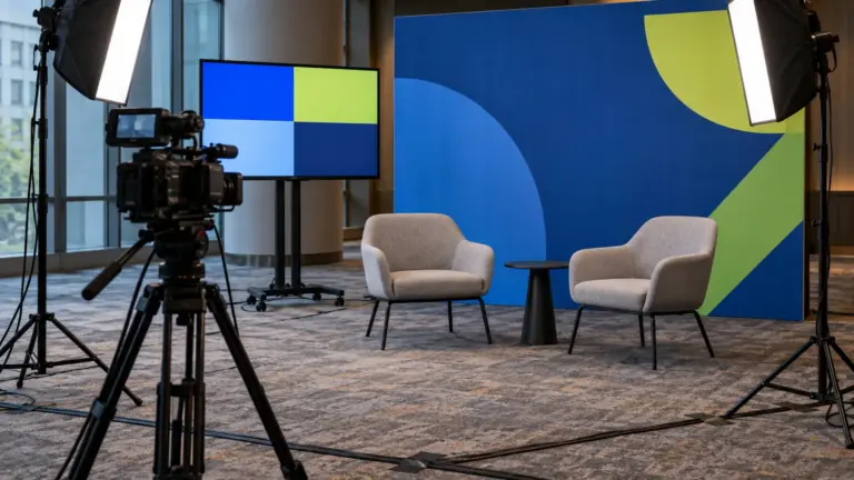 Compact broadcast set inside a venue, with a camera on a tripod, softbox lights and two chairs